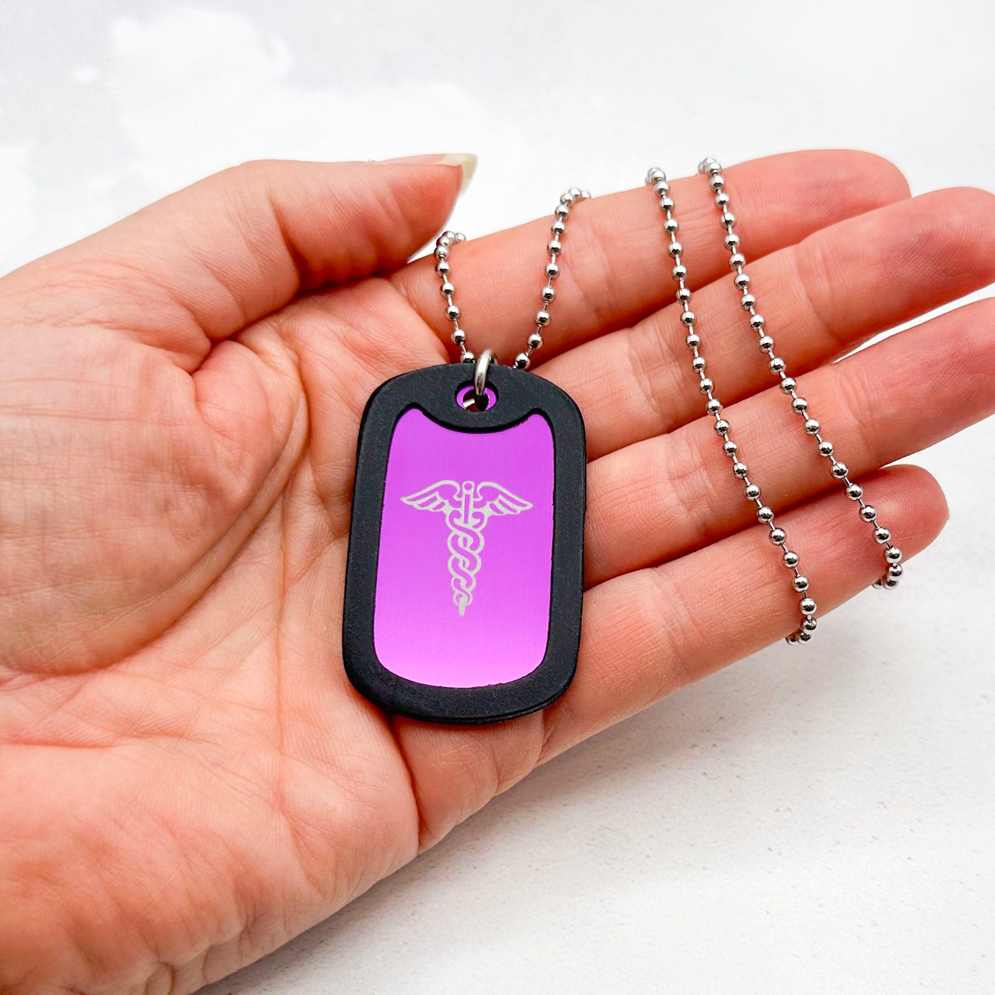 medical alert necklace purple dog tag