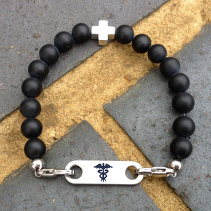 mens agate medical bracelet hematite beads