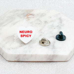 neuro spicy heart pin for autism white badge