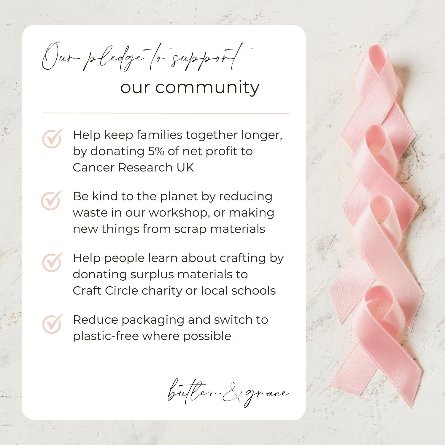 Butler & Grace pledge card with pink ribbons on a light background