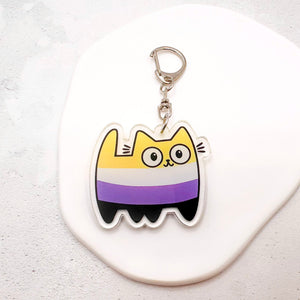 A cute acrylic keychain shaped like a cartoon cat in the nonbinary flag colours