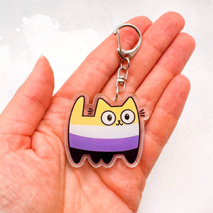 A hand holding a cute acrylic keychain shaped like a cartoon cat in the nonbinary flag colours