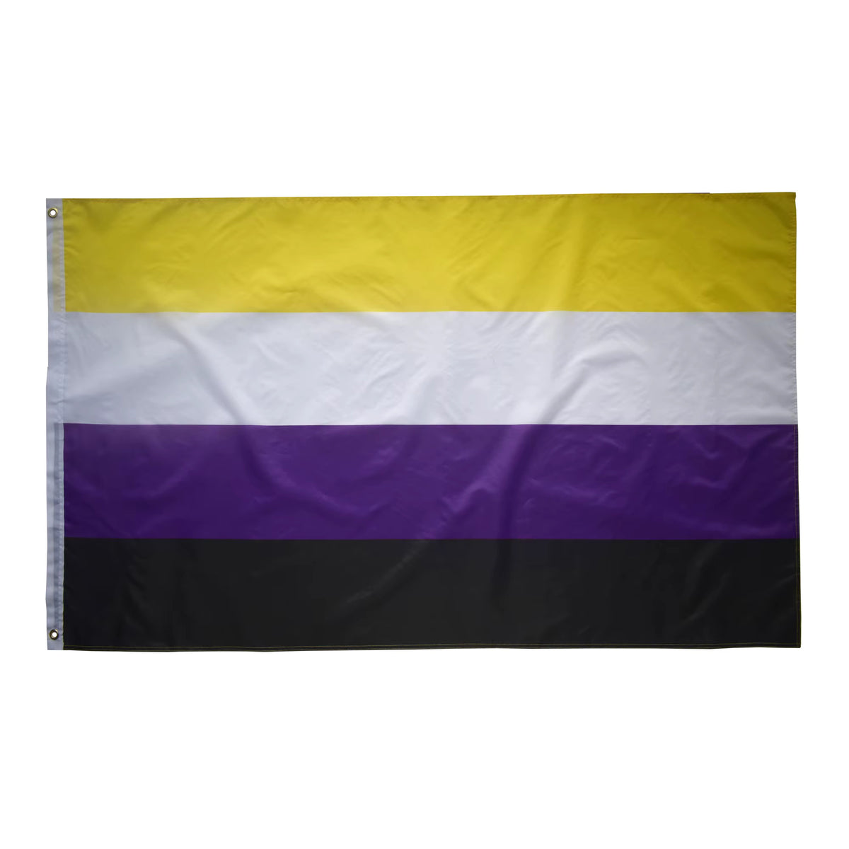 Nonbinary flag with yellow, white, and purple stripes on a white background