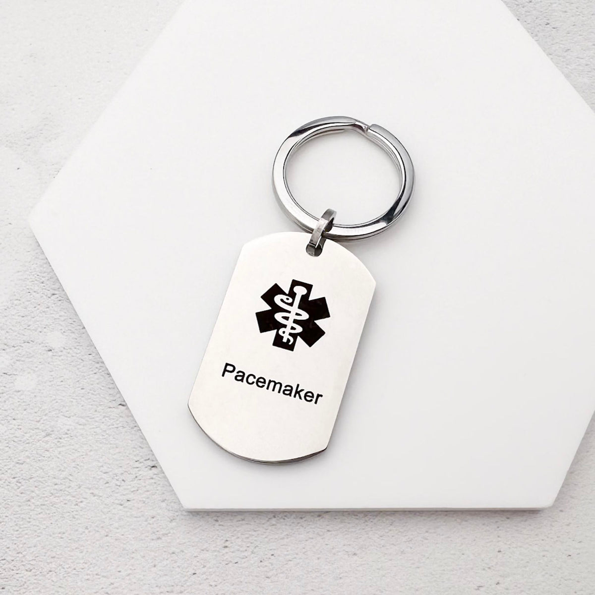 stainless steel keychain with star of life medical symbol and 'Pacemaker' text