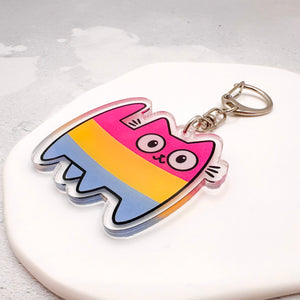 A pansexual-striped cat keychain acrylic charm with a silver metal clasp