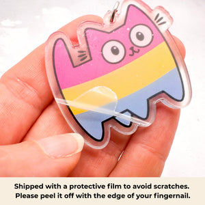 A pansexual-striped cat keychain with protective film