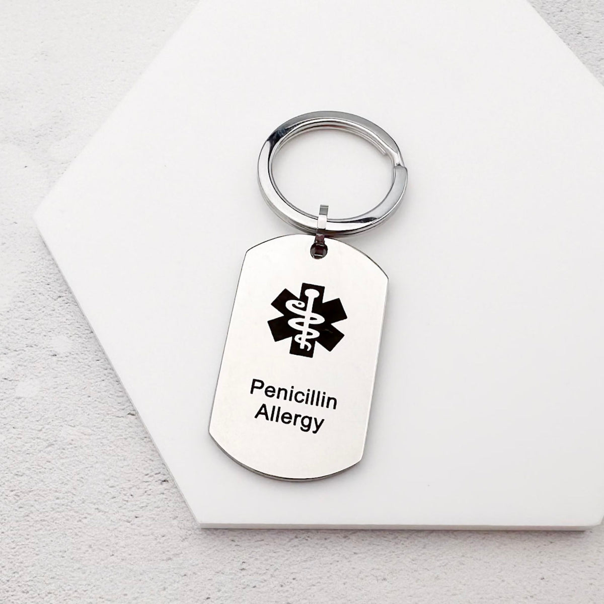 stainless steel keychain with star of life medical symbol and 'Penicillin Allergy' text