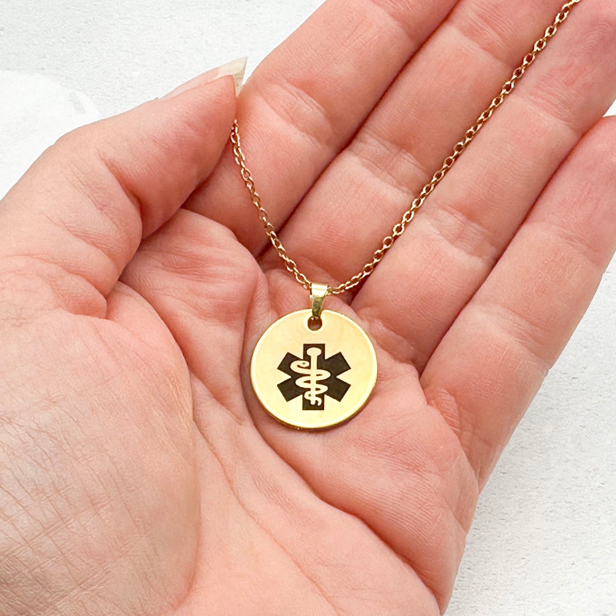 Personalised Medical Alert Necklace Halo Golden Tone Butler