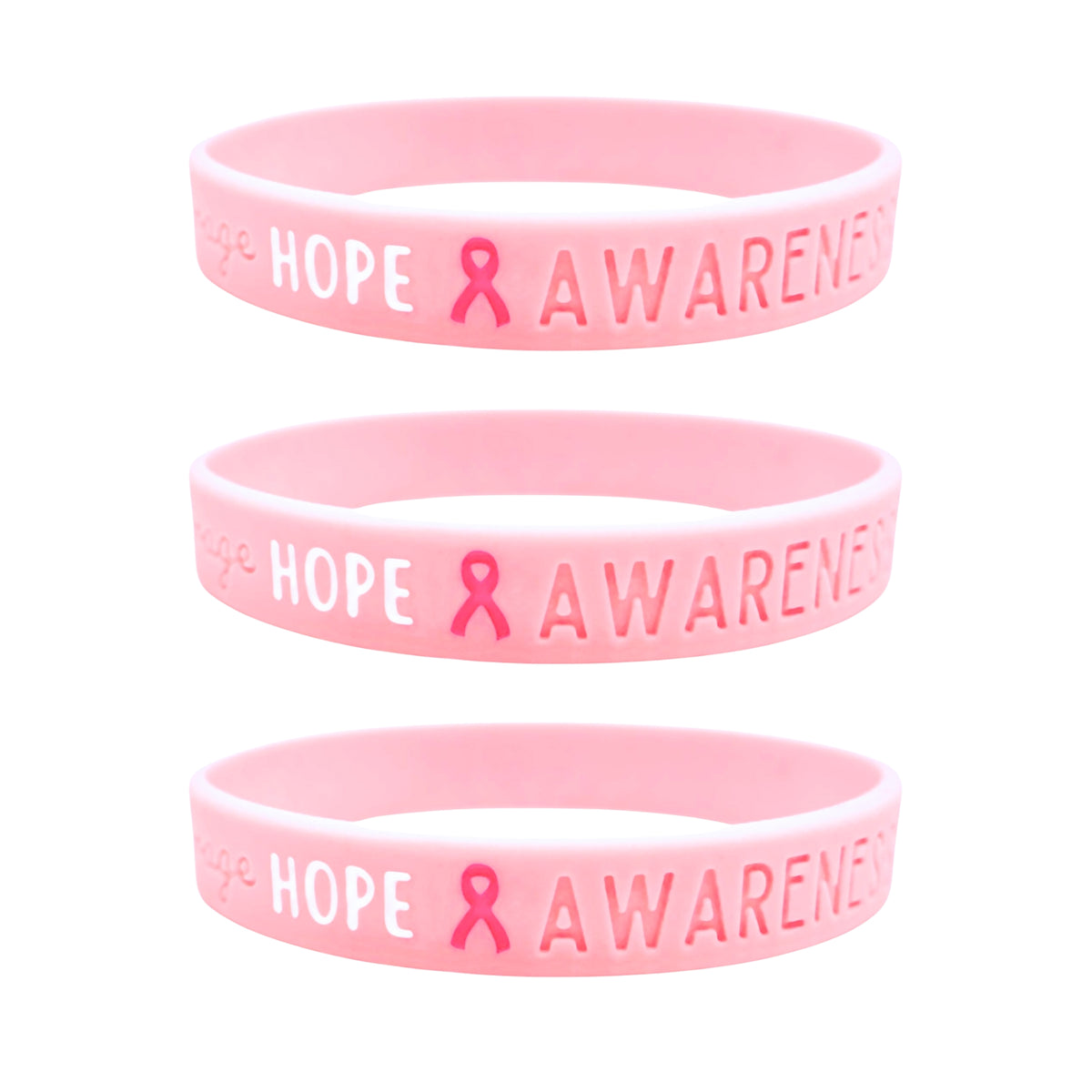 set of 3 pink silicone wristbands engraved with ‘Hope & Awareness’