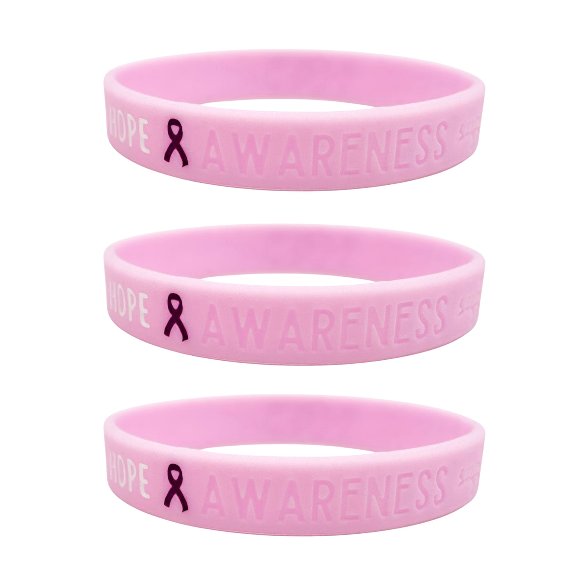 set of 3 purple silicone wristbands engraved with ‘Hope & Awareness’