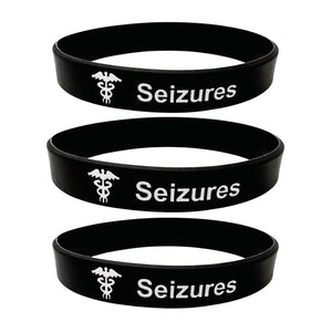 Set of three seizure alert silicone medical ID bracelets for daily wear and backup use