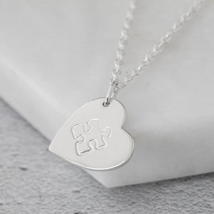 silver autism necklace puzzle heart hand stamped