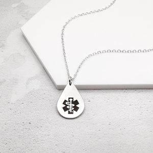 sterling silver medical alert necklace with star of life symbol on a teardrop-shaped pendant