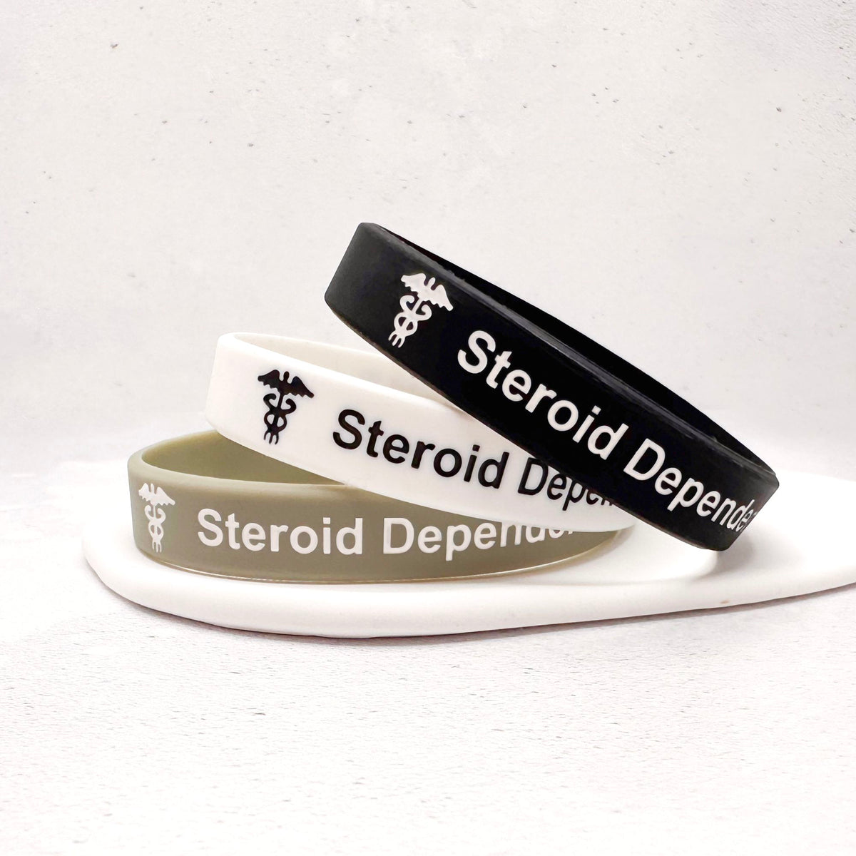 Steroid dependent medical alert silicone wristbands set of 3 in black white and grey