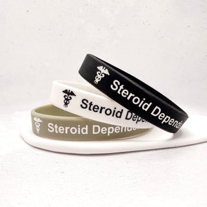 Steroid dependent medical alert silicone wristbands set of 3 in black white and grey