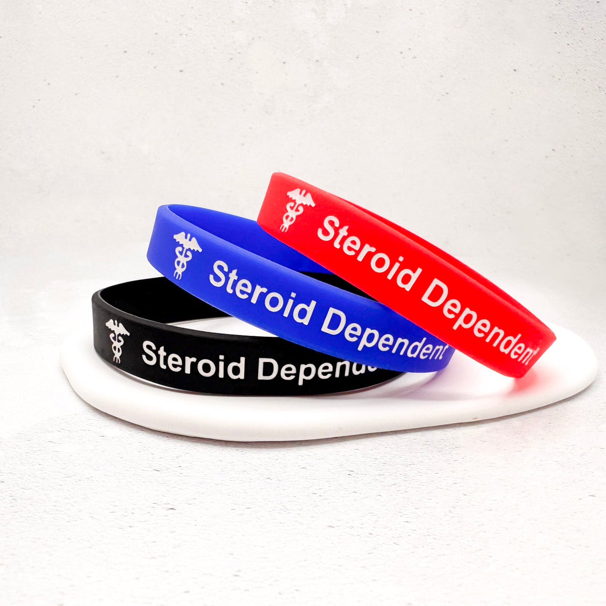 Red royal blue and black silicone steroid dependent medical alert wristbands set of 3