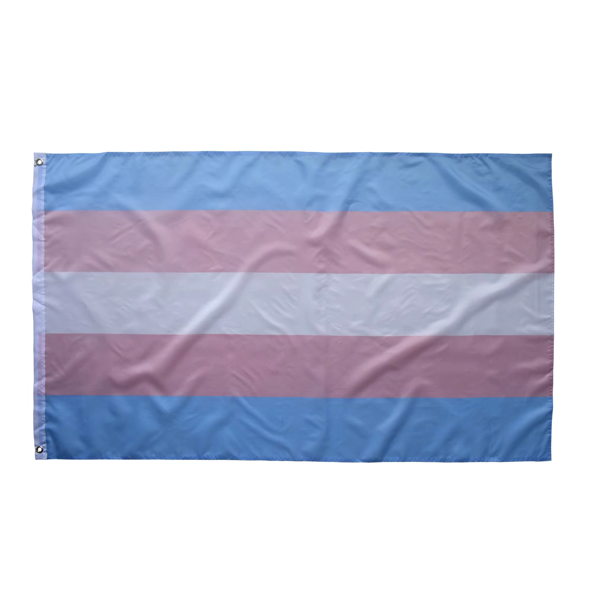 Transgender pride flag with blue, pink, and white stripes on a white background