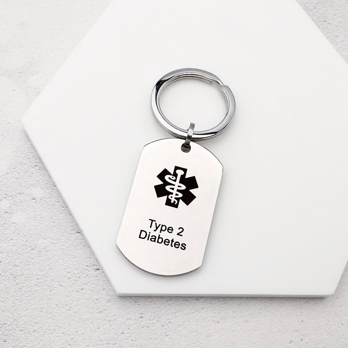 stainless steel keychain with star of life medical symbol and 'Type 2 Diabetes' text