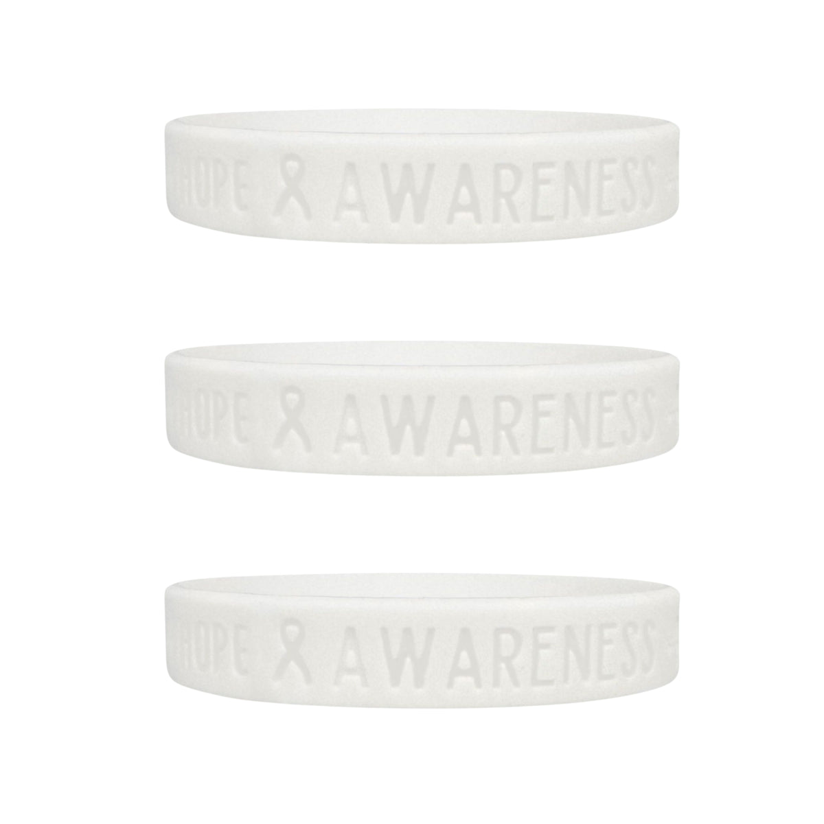set of 3 white silicone wristbands engraved with ‘Hope & Awareness’