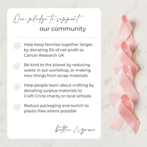 Butler & Grace pledge card with pink ribbons on a light background