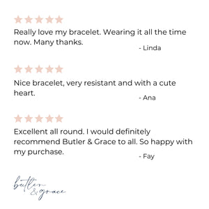 Five-star product reviews with customer names and text on a white background, featuring the brand 'Butler & Grace'.