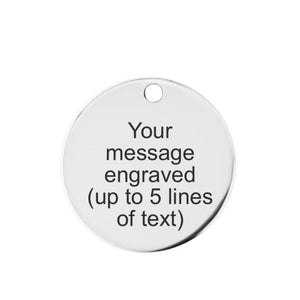 stainless steel charm tag with text on a white background
