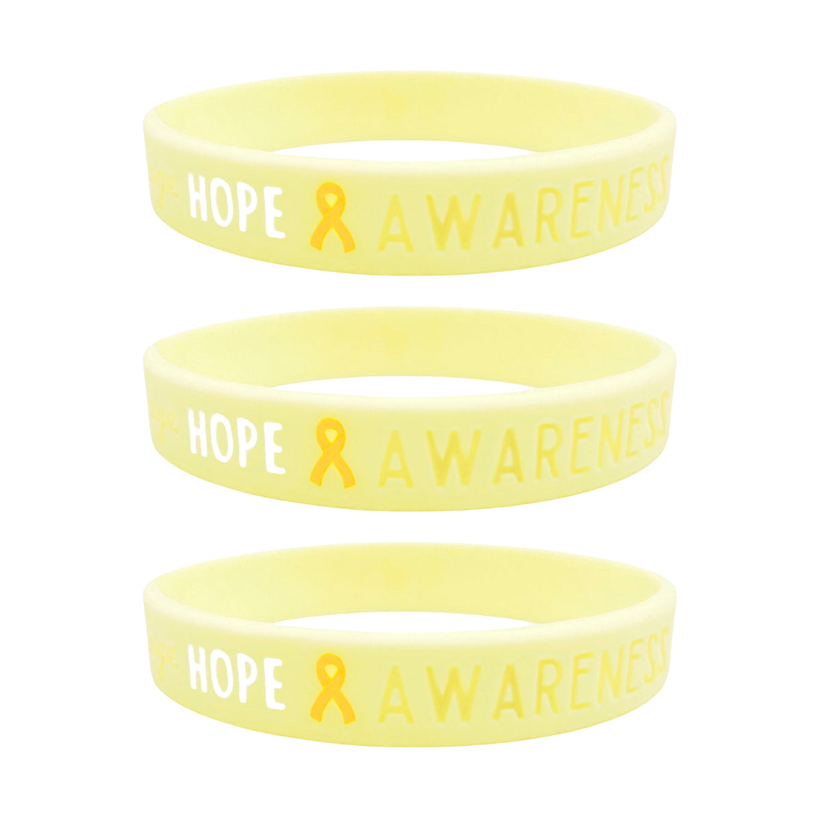 set of 3 yellow silicone wristbands engraved with ‘Hope & Awareness’