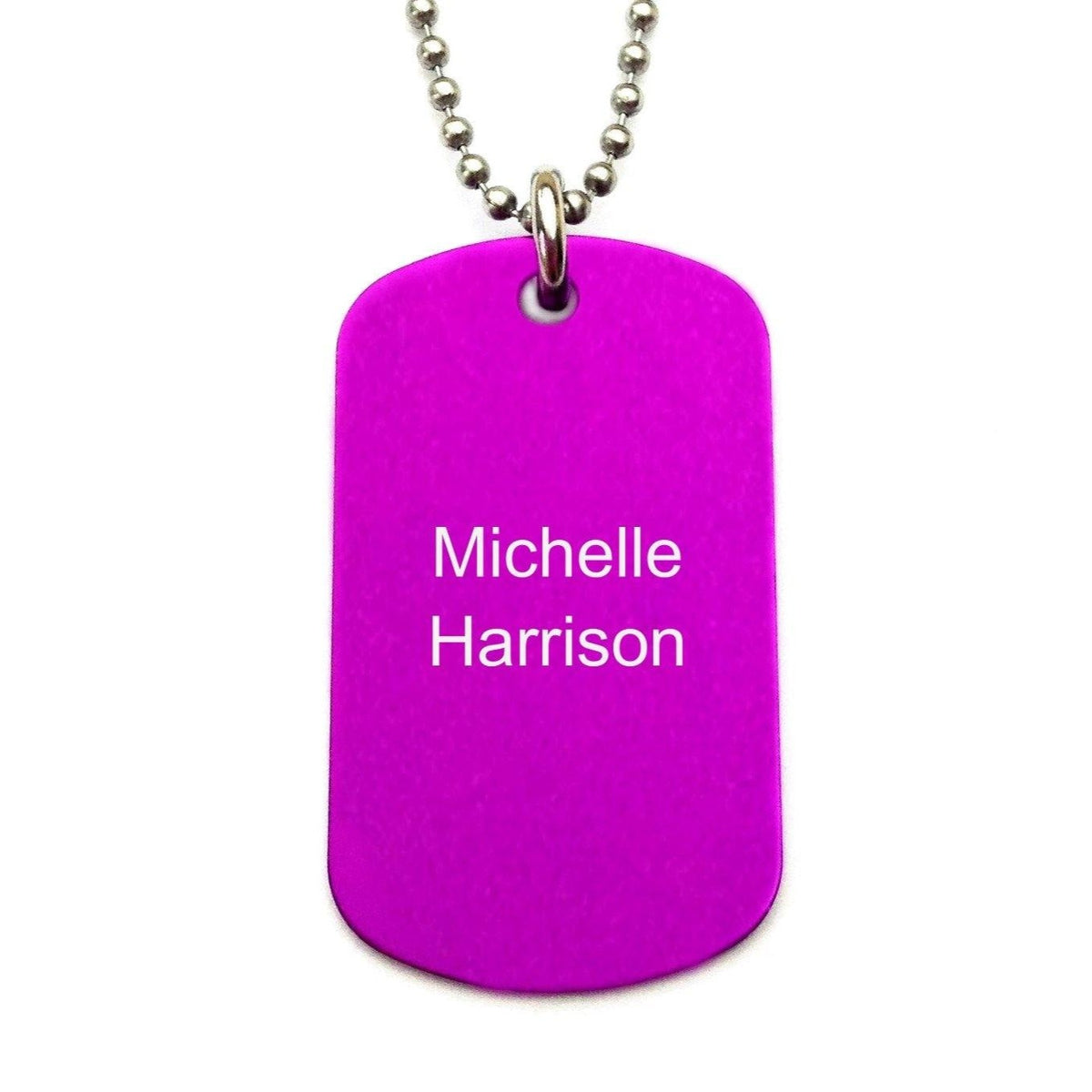 Custom engraved purple dog tag necklace name