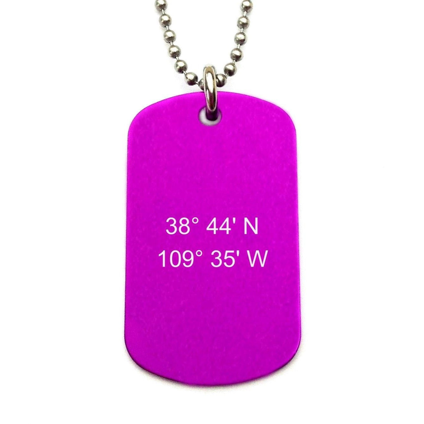 Purple Dog Tag Necklace Longitude Latitude Grid Coordinates