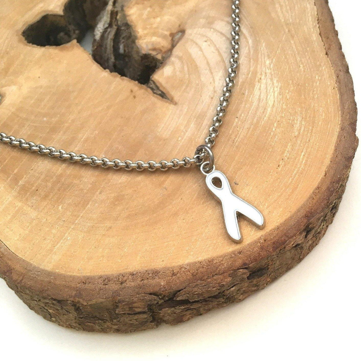 White lung cancer awareness ribbon bracelet with enamel ribbon charm