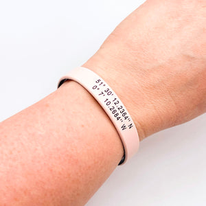 grid coordinates personalised wristband blush pink black gift