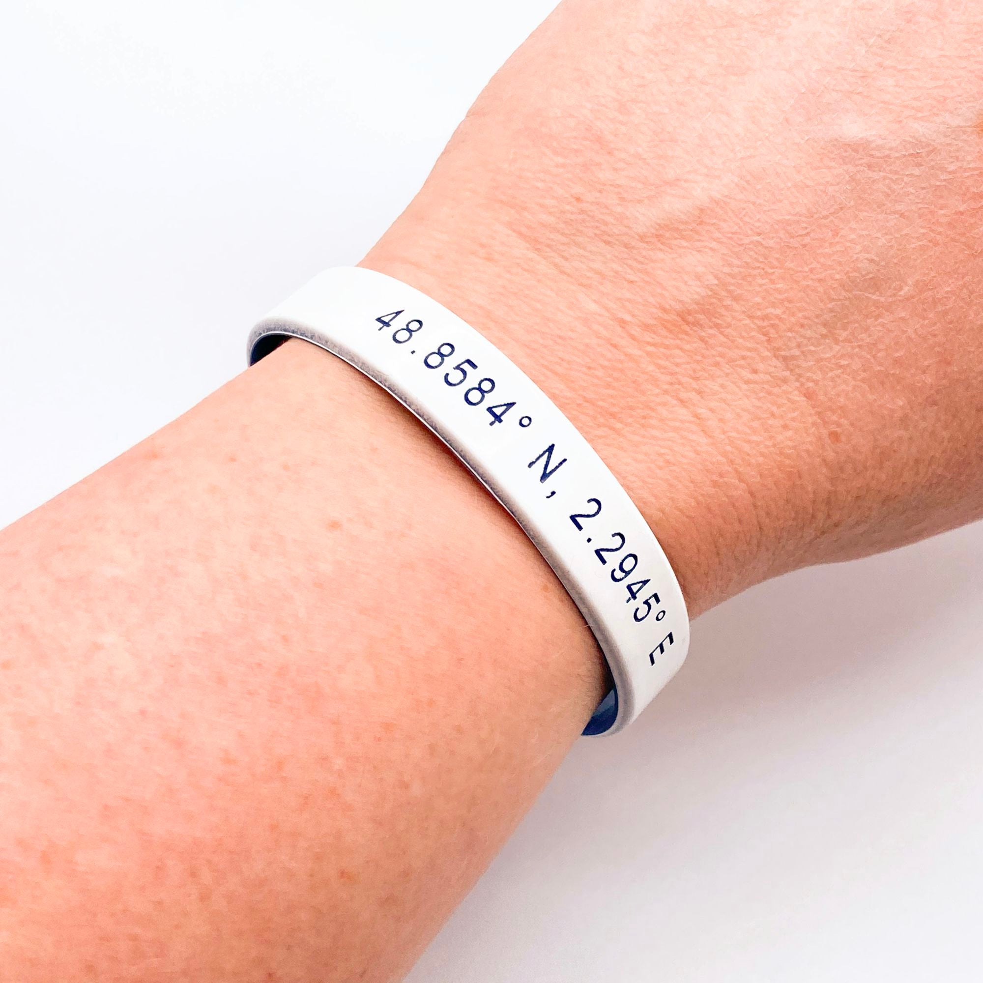 grid coordinates personalised wristband white blue gift
