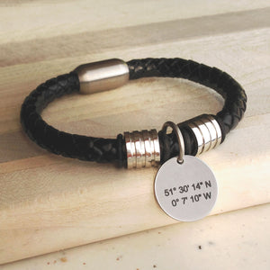 mens leather latitude longitude bracelet custom engraved