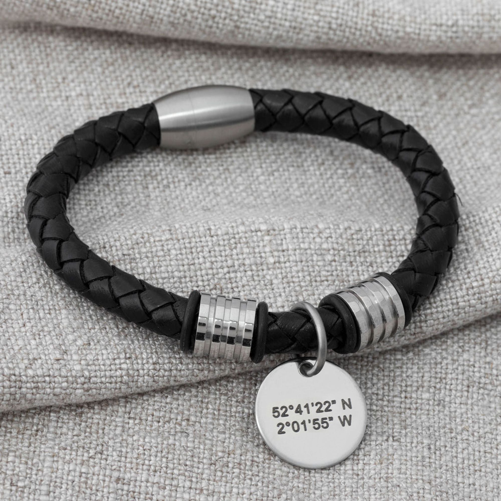 mens leather latitude longitude bracelet handmade uk