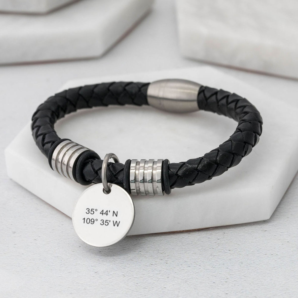 mens leather latitude longitude bracelet personalised
