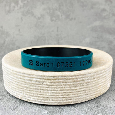 personalised unisex wristbands teal black contact number