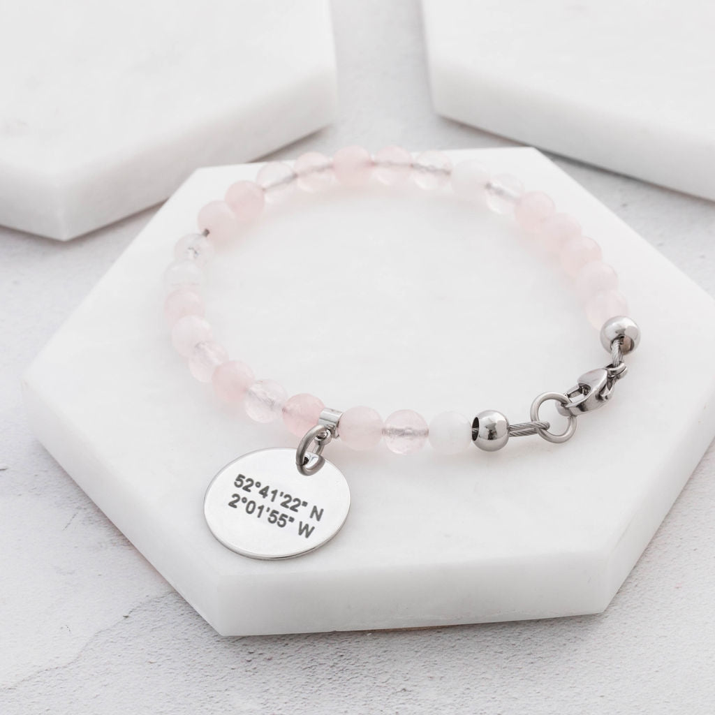 rose quartz latitude longitude bracelet gift birthplace